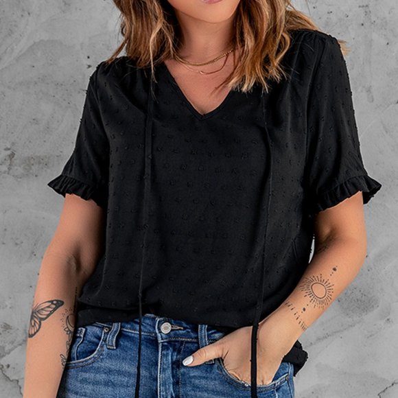 Tops - Black Swiss Dot Short Sleeve V Neck Top